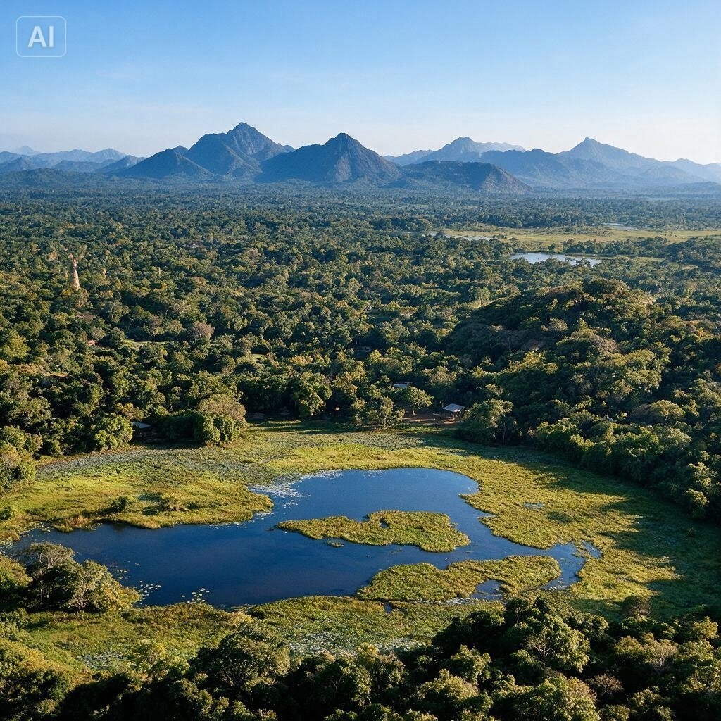 Aerial view of Sri Lanka mountains and lush lake landscape