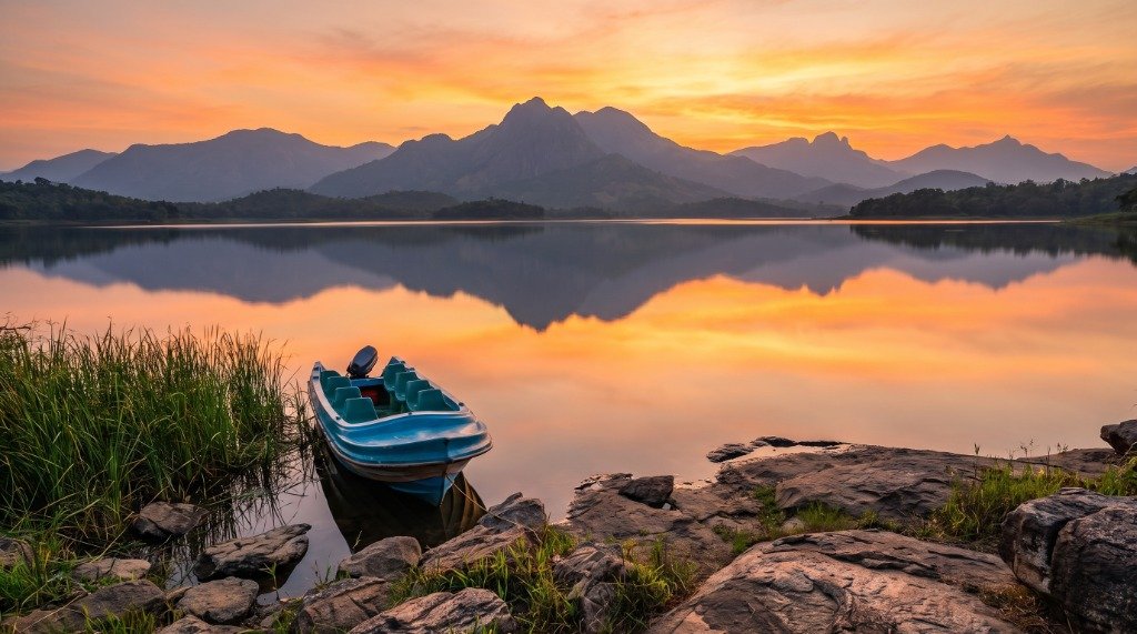 Scenic lake and mountain sunset with boat in Sri Lanka