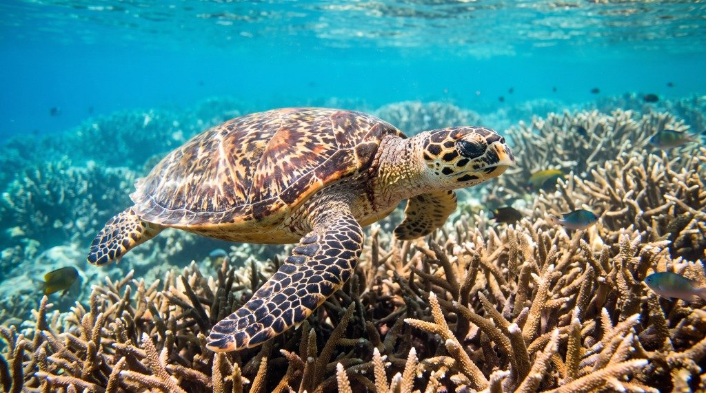 Sea turtle swimming in Sri Lanka coral reef
